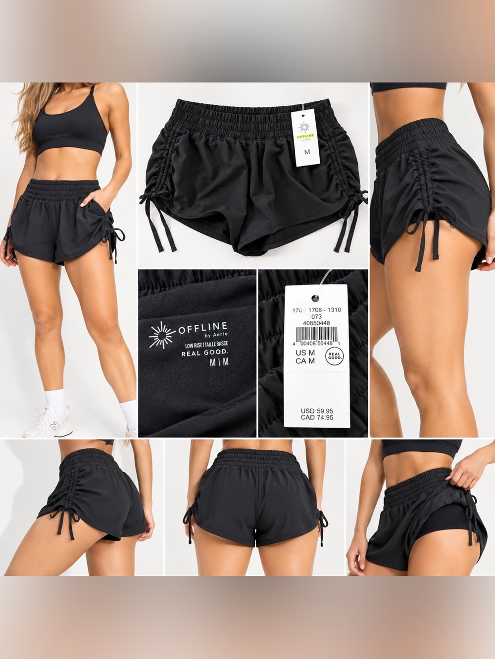 Aerie OFFLINE Black Shorts Size M Low Rise Ruched Side Tie NWT $59.95 NWT